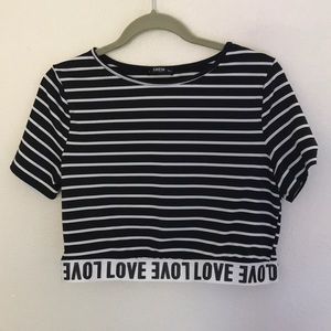 3/20Shein love graphic croptop black white striped